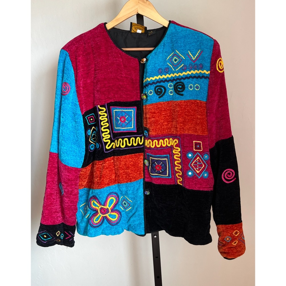 Vintage 90s Allure Patchwork Abstract Novelty Art To Wear Chenille Jacket L